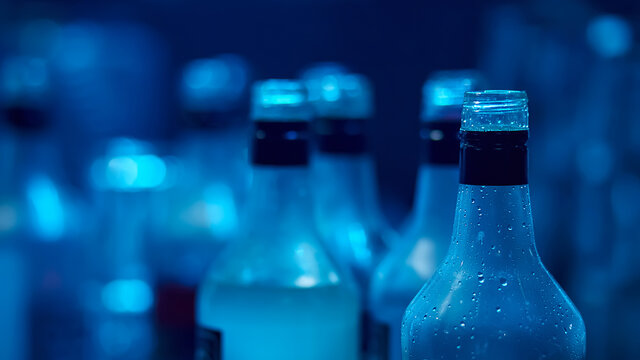 Glass Bottles Stand On A Bar Counter In Club Lighting