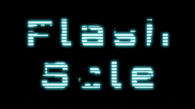 FLASH SALE text animation. Blue light digital glitter word on black background. Advertising signage for promotion flash sale