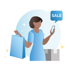 Vector, happy, woman stands with purchases and orders at discounts, promotions from an online store. Girl is happy with sales, she ordered goods in smartphone. Shopping on internet with delivery.