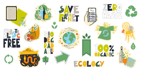 A set of vector clipart on the theme of a zero waste lifestyle and separate garbage collection.