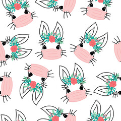 Covid Easter rabbit with face mask seamless vector pattern. Repeating Coronavirus pandemic Easter bunny flower background Easter holidays. Cute holiday animal illustration for fabric, Easter face mask