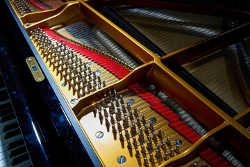 A close-up of the internal string structure of a top grand piano © Steve