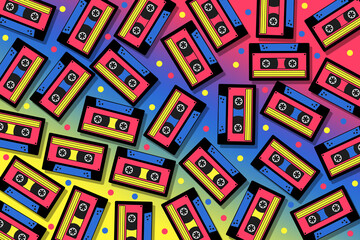 Background illustration of vintage audio cassettes in red, yellow and pink.