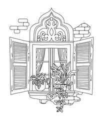 Vector monochrome illustration of an open window with potted plants in a retro style, for coloring page. Sketch for coloring antistress for adults and children.