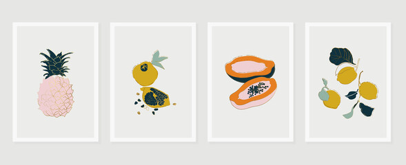 Tropical fruits wall art background vector.  Hand drawn boho plants, palm leaves and floral design for summer artistic cards, brochure covers, invitation, wallpaper, canvas prints and poster.