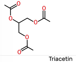 Triacetin, glycerin triacetate molecule. It is triglyceride, triester of glycerol, food additive with E number E1518. Skeletal chemical formula