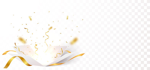 Open box with gold confetti , isolated on transparent background - 412115361
