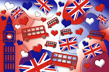 Memphis style background illustration of London, UK with big ben, Union Jack flag and double decker bus in red, white and blue colors.