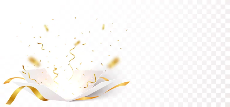 Open box with gold confetti , isolated on transparent background