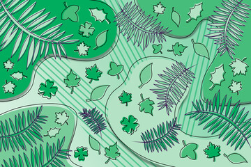 Fototapeta premium Memphis style background illustration of green fern, holly, maple and shamrock leaves.