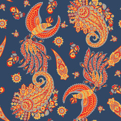 Fototapeta na wymiar Flying Bird seamless vector pattern. damask paisley floral background