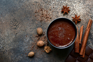 Delicious spicy hot chocolate. Top view with copy space.