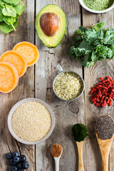 Group of super foods on wooden background