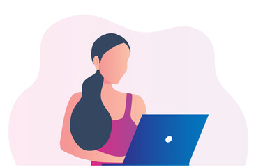 Happy woman working on laptop.  vector illustration. Working from home, workplace, remote work and freelancer concept