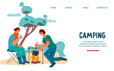 Camping website template with campfire couple, flat vector illustration. Hiking and outdoor recreation concept with camping travelers man and woman having rest.