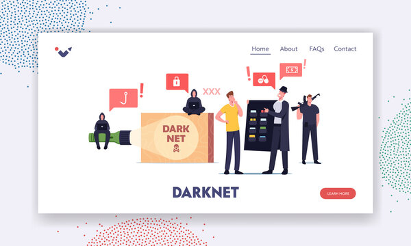 Dark Net Landing Page Template. Male Character User Choose Forbidden Content at Criminal in Black Cloak and Hat, Darknet