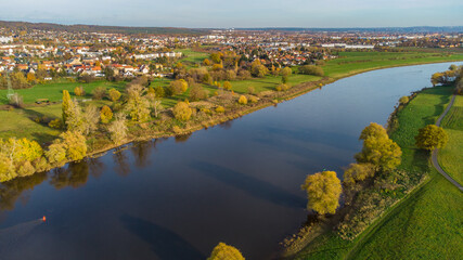 Airview Elbe river in Serkowitz near Dresden