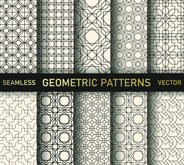 Set of seamless vector thin line patterns. Collection of geometric backgrounds for fabric, textile, wrapping, cover, web etc. 10 eps design.	