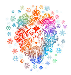 A multicolored lion. The face of the lion is a rainbow abstract. Christmas. Multi-colored snowflakes. Vector illustration
