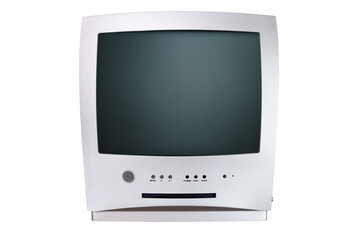 Old silver vintage TV with built-in DVD player. Isolated over white background.