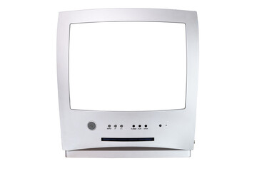 An old silver vintage TV with a built-in DVD player and a white screen for adding new images to the...