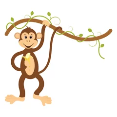 Fototapete Affe Affe mit einer Banane an einer Rebe. Flache Vektorillustration.