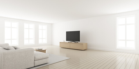 Fototapeta na wymiar 3D rendering of modern living room with sofa and television screen on wooden cabinet.