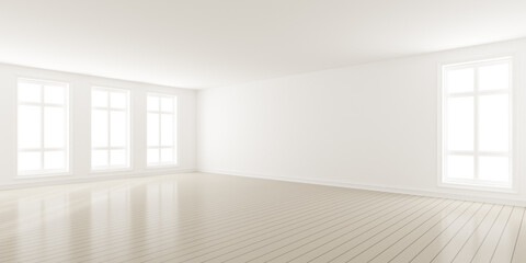 Fototapeta na wymiar 3d render of modern empty room with wooden floor and large white plain wall.