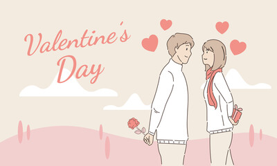Couple surprise valentines day gift on pink romantic background banner design. Hand draw style. Vector illustration.