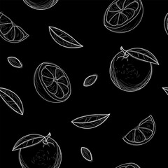 Seamless pattern with the image of an orange, slices, leaves and seeds. Design for paper, textiles and decor.