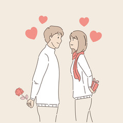 Couple surprise valentines day gift. Valentine's day concept. Hand draw style. Vector illustration.