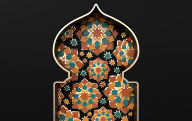 Greeting card with intricate Arabic paper graphic of Islamic geometric art. Ramadan Kareem is the name of the glorious month of Ramadan. Muslim community festival. 3d render window, stars
