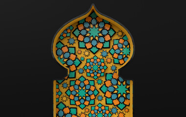 Greeting card with intricate Arabic paper graphic of Islamic geometric art. Ramadan Kareem is the name of the glorious month of Ramadan. Muslim community festival. 3d render window, stars