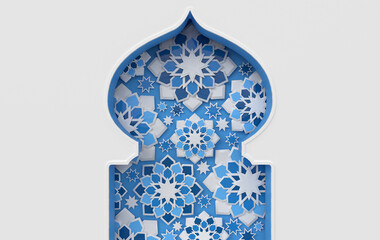 Greeting card with intricate Arabic paper graphic of Islamic geometric art. Ramadan Kareem is the name of the glorious month of Ramadan. Muslim community festival. 3d render window, stars
