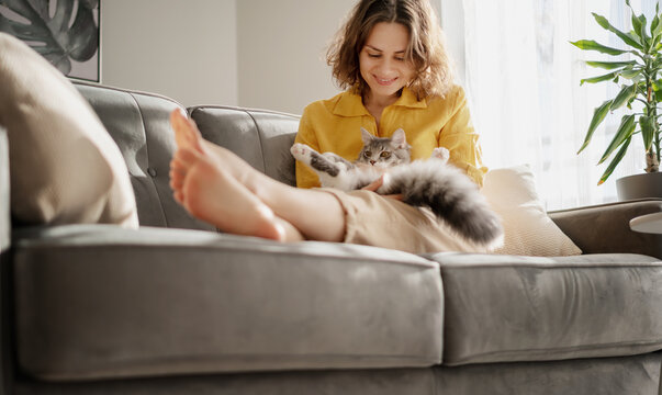 Beautiful Cheerful Young Woman With A Cute Gray Cat In Her Arms Sitting On The Couch At Home, Friendship And Love For Pets