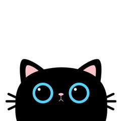 Black cat head face silhouette. Cute cartoon funny character. Blue eyes. Pink ears. Funny Kawaii animal. Baby card. Pet collection. Flat design. White background. Isolated.