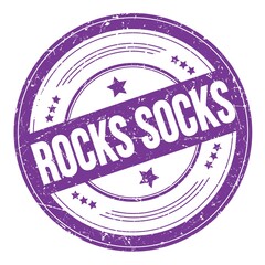 ROCKS SOCKS text on violet indigo round grungy stamp.