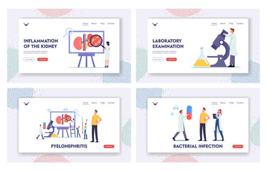 Fototapeta na wymiar Pyelonephritis Landing Page Template Set. Tiny Doctors Nephrologist Diagnosing and Consult Patient with Kidney Disease