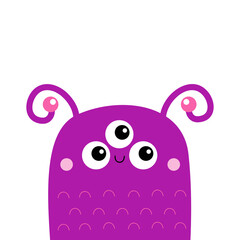 Monster face head icon. Happy Halloween. Eyes, horns. Cute cartoon boo spooky character. Kawaii funny baby. Violet silhouette. Flat design. White background
