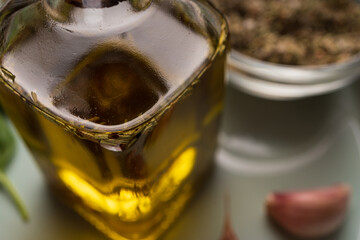 Ingredients for caprese salad close up on salad plate, top view