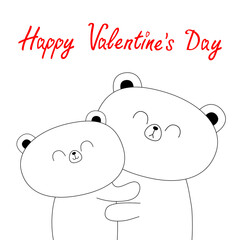 Happy Valentines day. Bear hugging couple family. Hug, embrace, cuddle. White contour silhouette. Cute kawaii funny cartoon character. Greeting card. Grizzly. Baby pet background. Flat design.