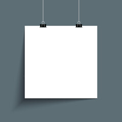 Blank white paper list hanging on two pins. Poster mock-up template. Eps 10 vector illustration.
