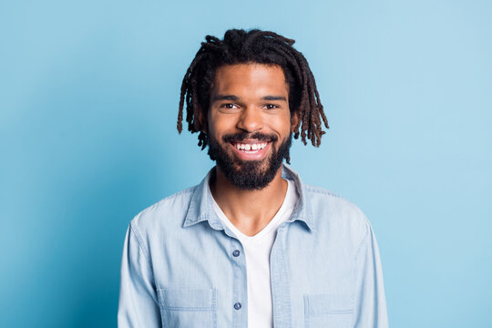 Portrait Of Nice Attractive Cheerful Guy Hipster Wearing Jeans Shirt Isolated Over Bright Blue Color Background