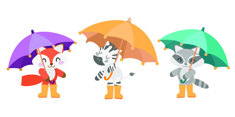 animal kids set with colored umbrellas on the white background
