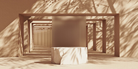 Stone slab podium abstract background with sunshade shadows on stone arcs. Minimal mockup background for product showcase. 3d render illustration.