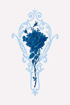 Vector Blue Rose Ornamental Vintage Botanical Illustration