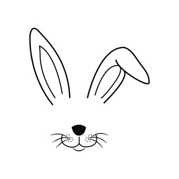 Easter bunny in beautiful style on white background, hand drawn face of bunny. Greeting card with Happy Easter writing. Ears and tiny muzzle with whiskers.
