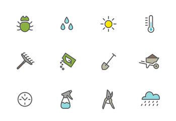 Agriculture and gardener. Set of icons. Horticulturist plant growing and care. How to grow. Sowing seeds. Light water and temperature. Vector flat.