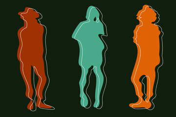 Abstract figures of females in flat and minimal style. Cartoon faceless characters in simple and colorful representation. Cute poster. Fictional fashion models posing in different clothes.  