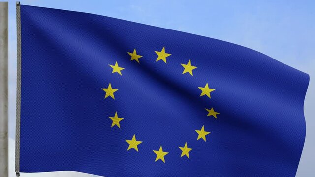 European Union flag waving in wind with blue sky. Europe banner blowing, soft and smooth silk. Cloth fabric texture ensign background. Use it for national day and country occasions concept-Dan